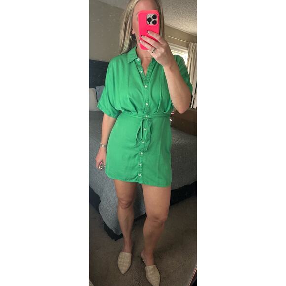 THAKOON Green Button Front Shirt Dress Tie Waist Collared Mini Dress Size M - Picture 14 of 14